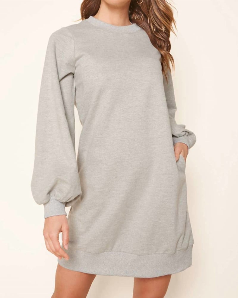 Front of a model wearing a size Large Deanna Balloon Sleeve Sweatshirt Mini Dress in Heather Grey in Heather Grey by SugarLips. | dia_product_style_image_id:346650